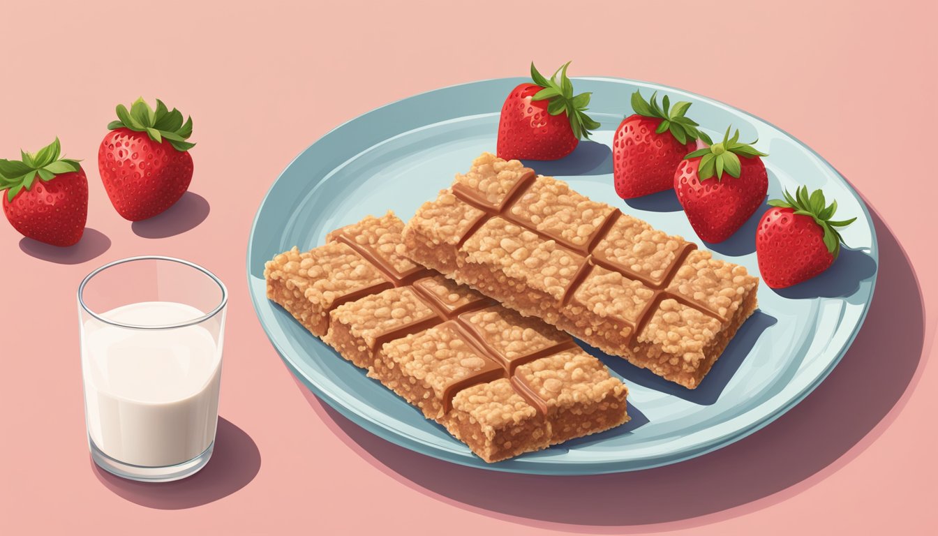 A table with a plate of Special K strawberry protein bars, surrounded by fresh strawberries and a glass of milk