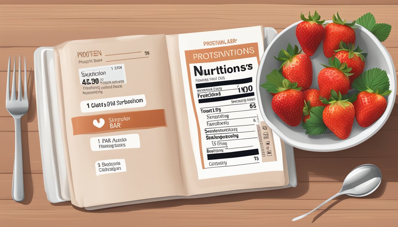 A table with a bowl of fresh strawberries, a protein bar, and a nutrition label