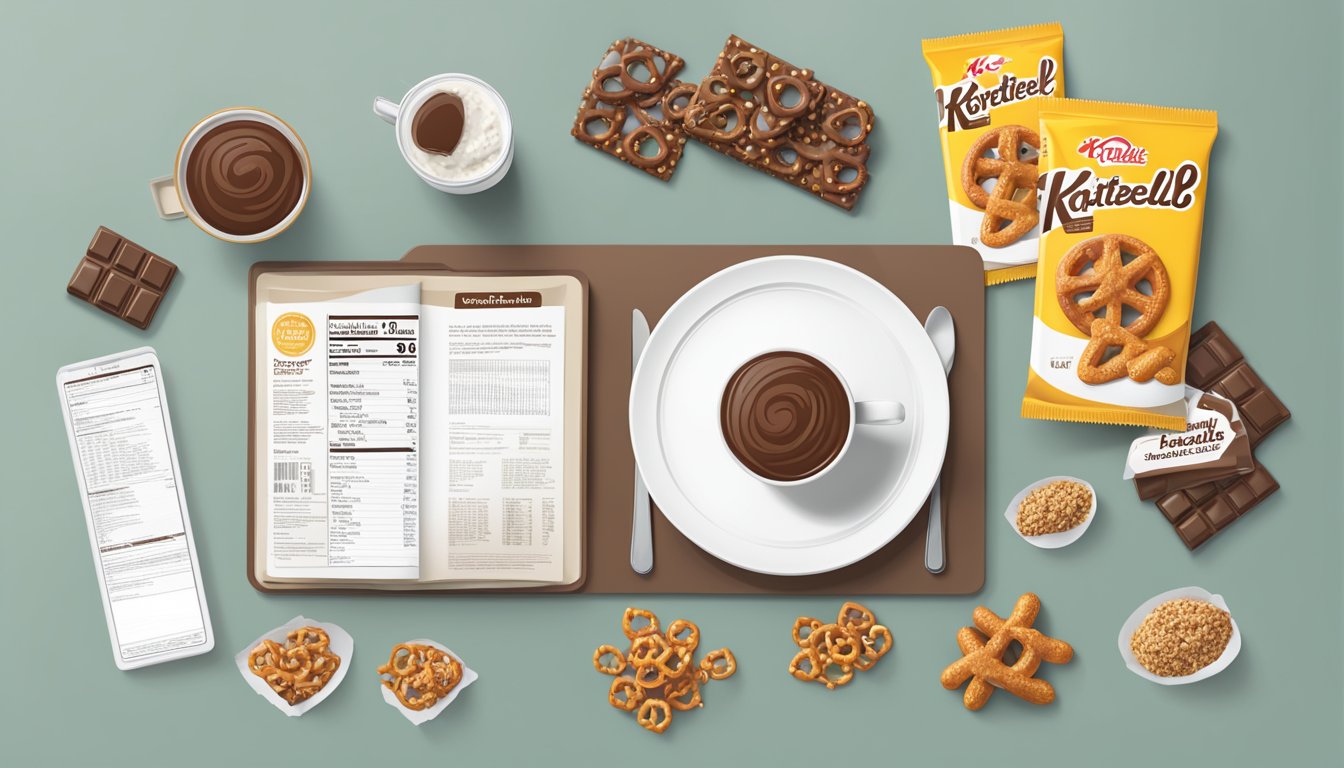 A table set with a special K chocolatey pretzel bar, surrounded by scattered nutritional facts and user interactions