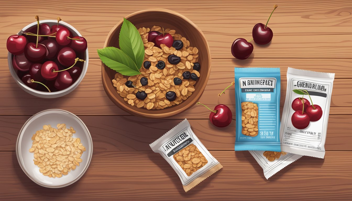 A bowl of cherries, a granola bar, and a nutrition label laid out on a wooden table