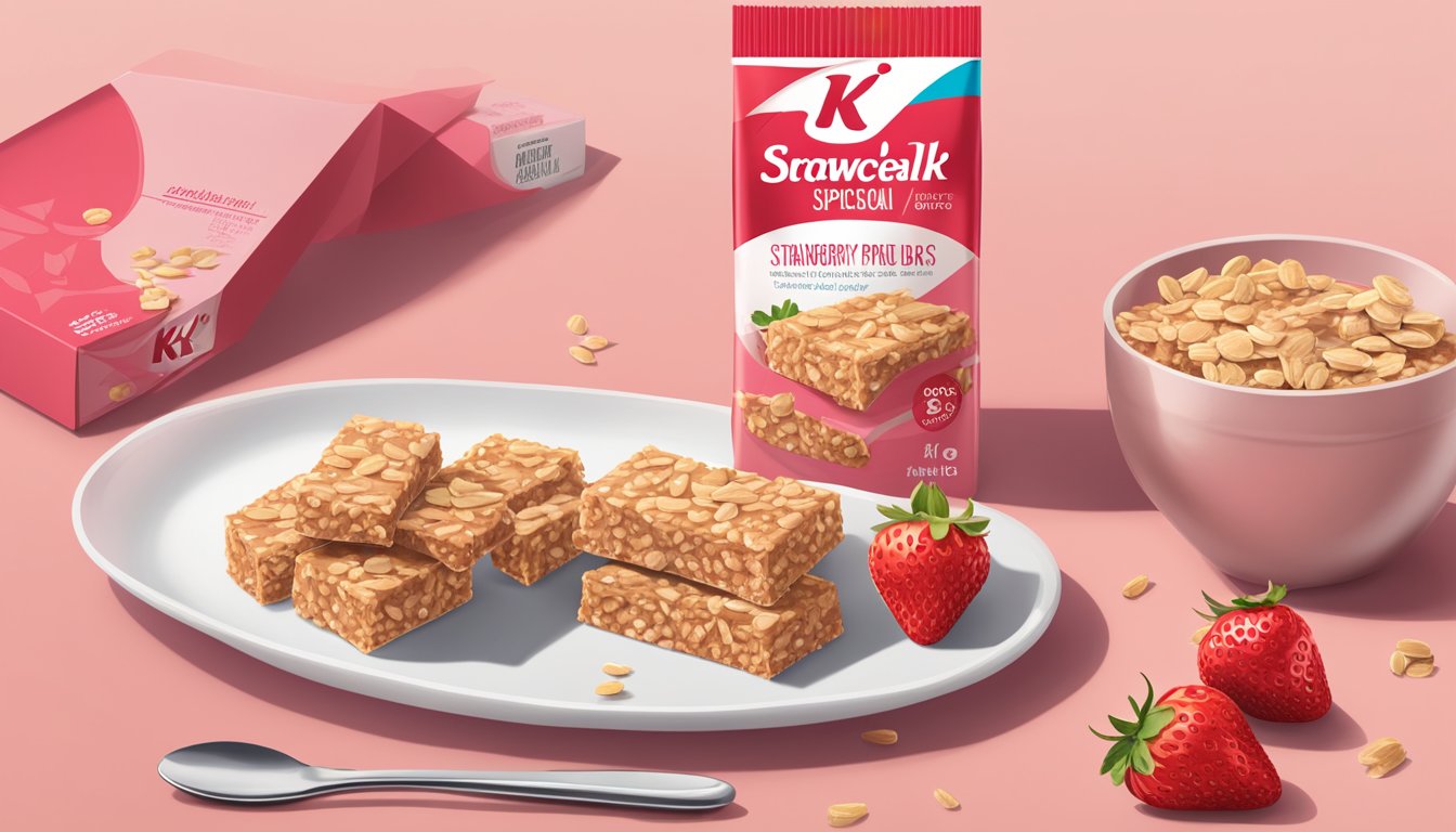 A table with a plate of Special K strawberry protein bars surrounded by scattered nutritional facts and a box of the product