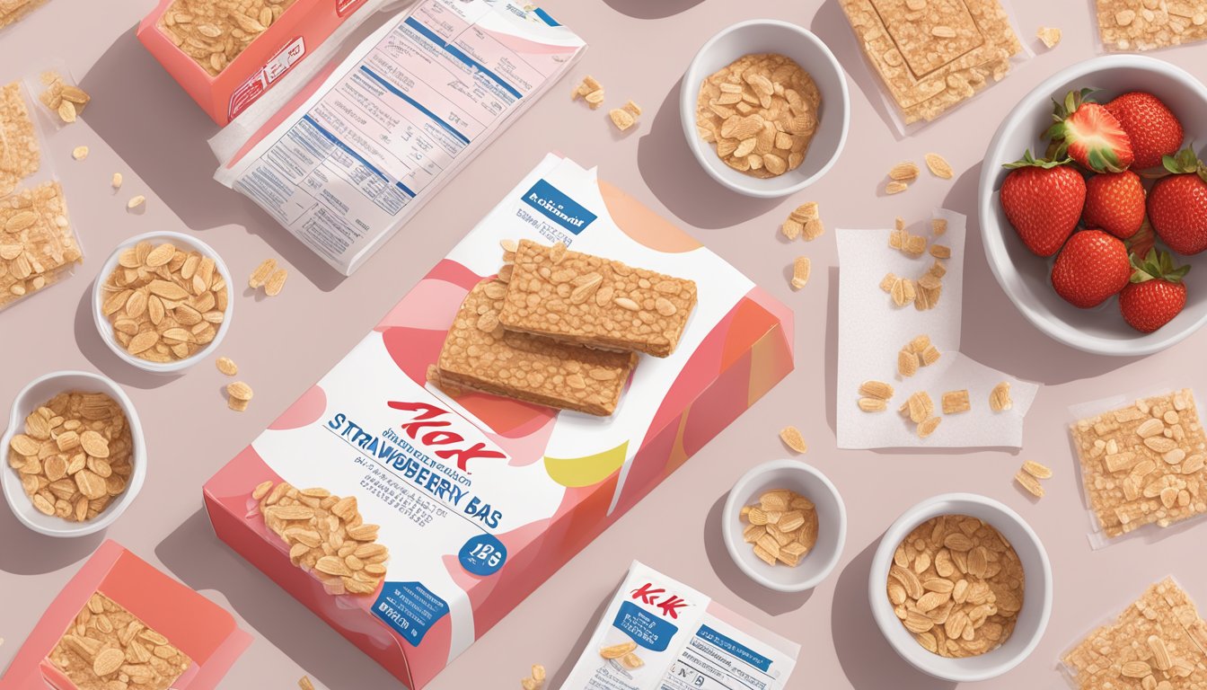 A table with a box of Special K strawberry protein bars, surrounded by scattered nutritional facts