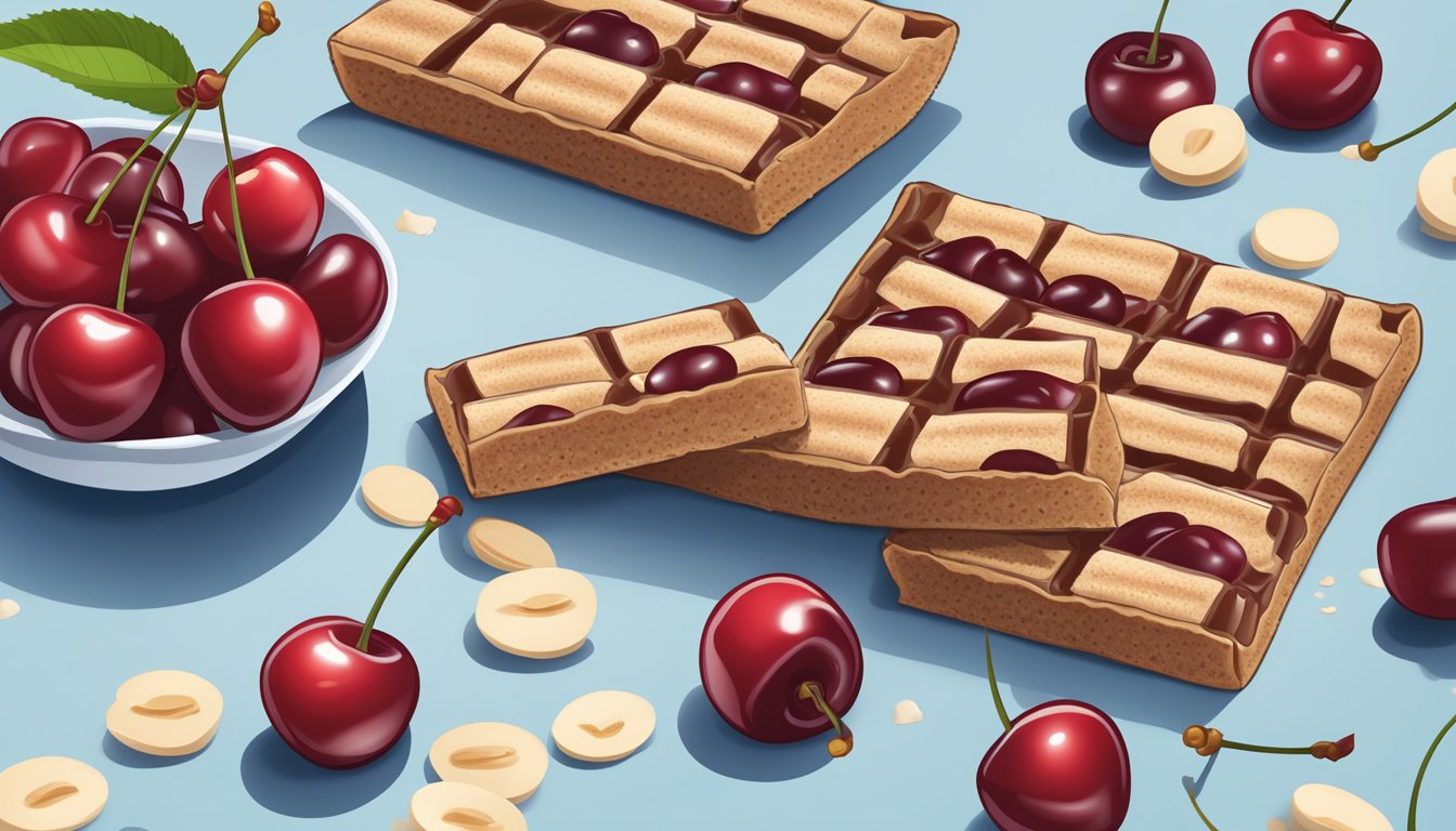 A table with opened Nutri-Grain Cherry bars, scattered cherries, and a nutrition label