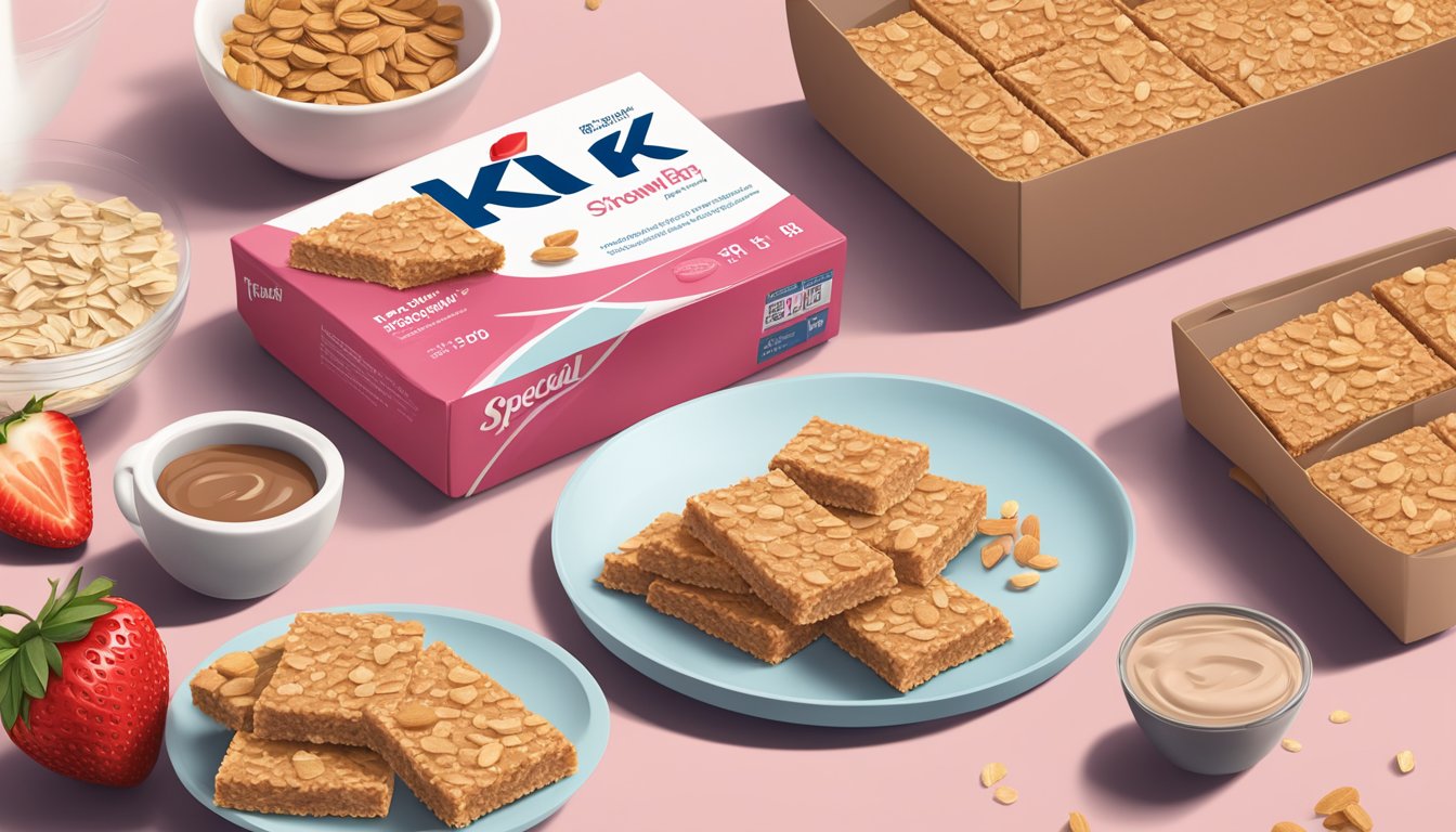 A table with a box of Special K strawberry protein bars, surrounded by scattered nutritional information and a measuring tape