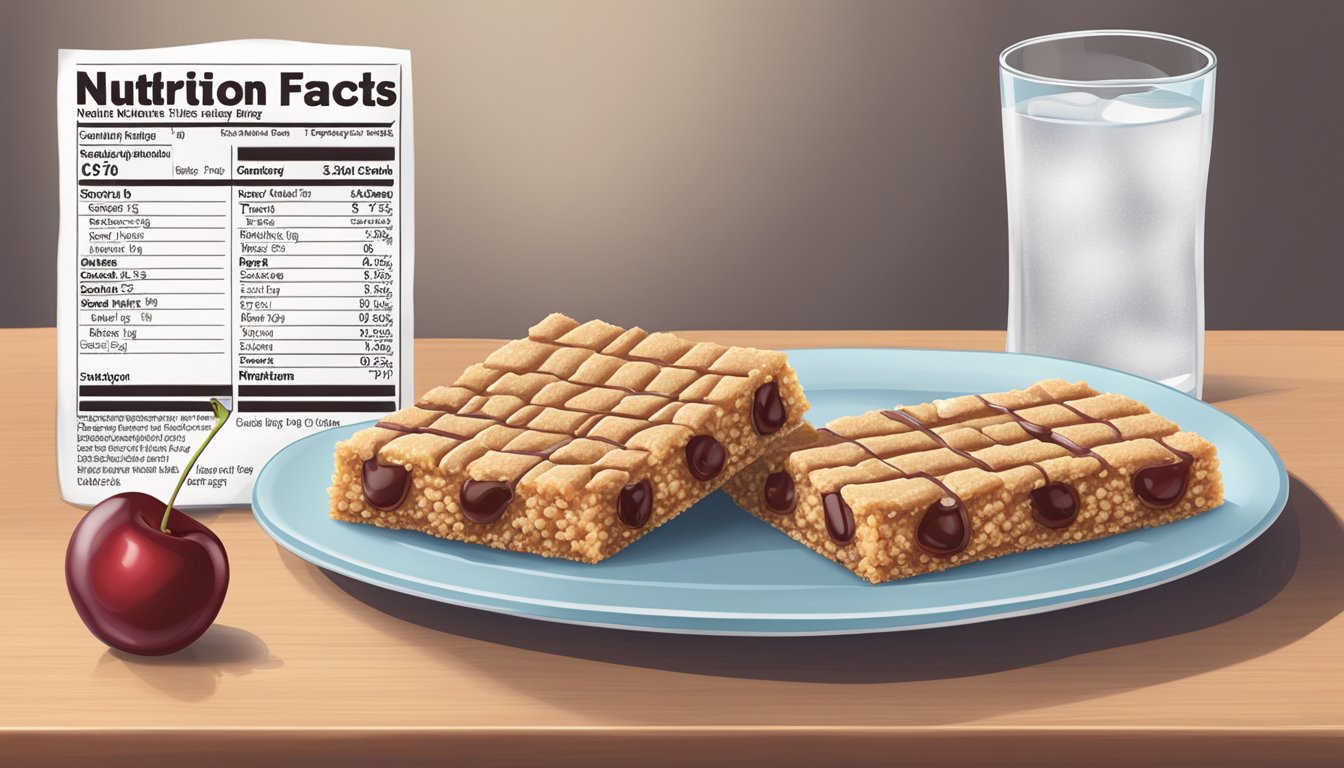 A table with a plate of Nutri-Grain cherry bars, a glass of water, and a nutrition facts label