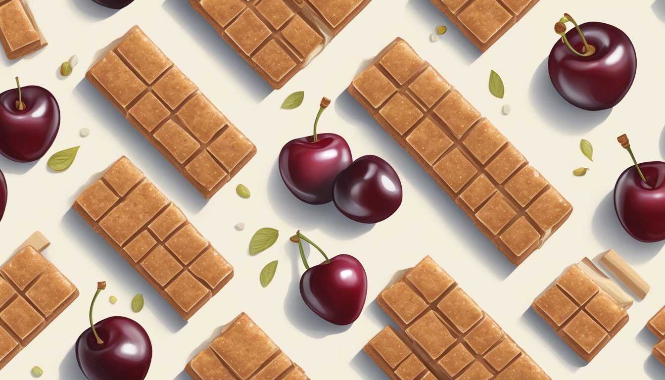 A table with various Nutri Grain cherry bars, surrounded by fresh cherries and a measuring tape for comparison