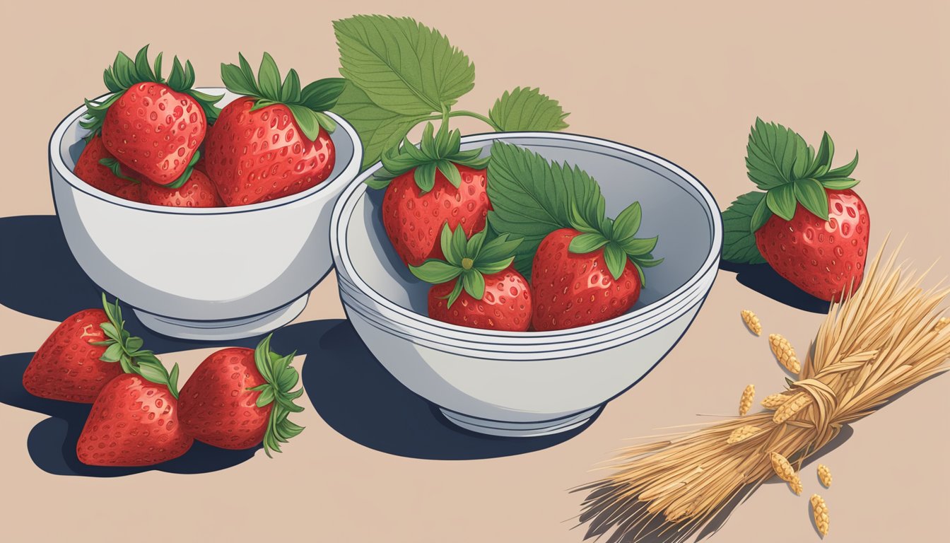 A table with a bowl of fresh strawberries, a handful of whole grains, and a wrapped Nutri-Grain Strawberry Harvest bar