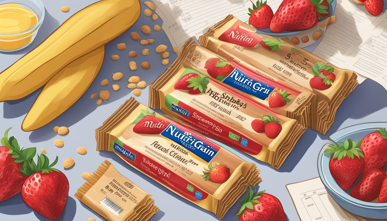 A table with scattered Nutri-Grain Strawberry Harvest bars, surrounded by various fruits and a nutrition label