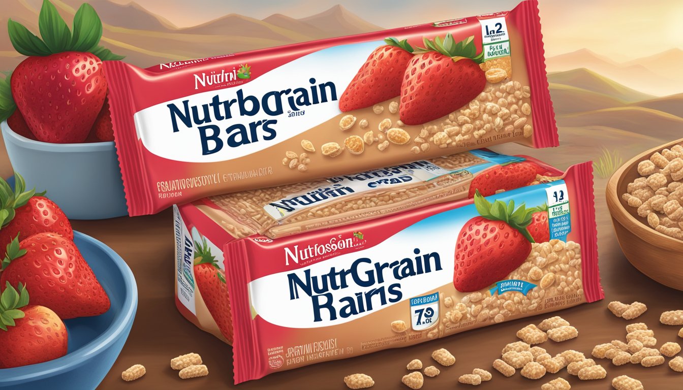 A colorful array of Nutri-Grain Strawberry Harvest bars surrounded by fresh strawberries and grains, with a prominent display of the nutritional facts