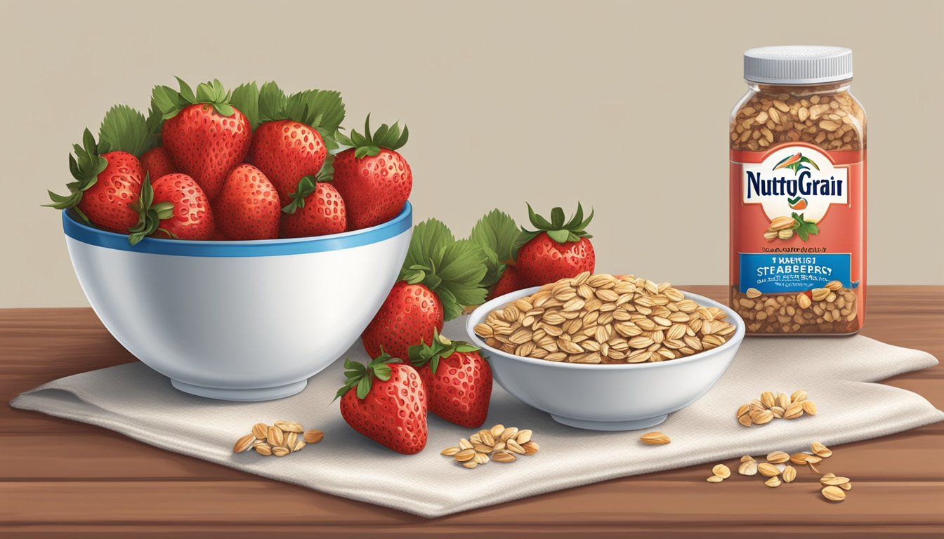 A bowl of fresh strawberries, oats, and nuts, with a Nutri-Grain Strawberry Harvest bar next to it