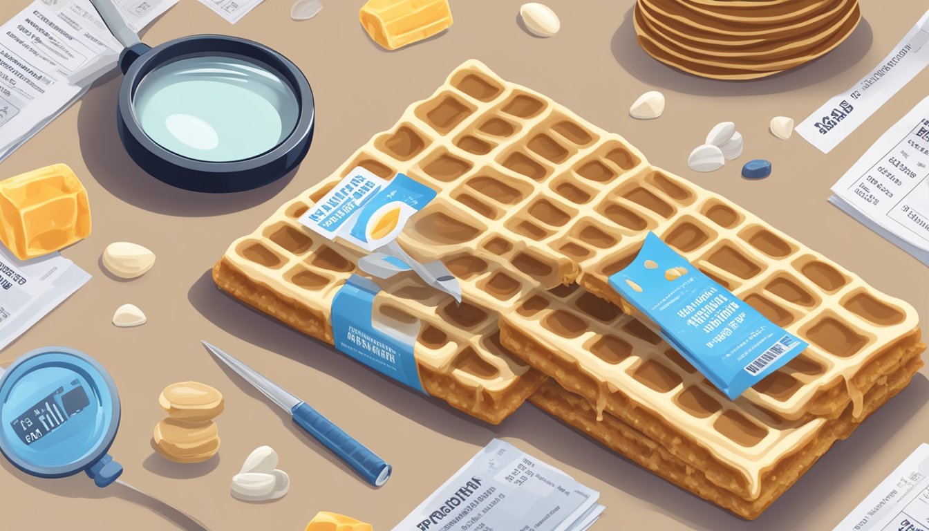 A stack of waffle protein bars surrounded by scattered nutritional facts labels and a magnifying glass for ingredient analysis