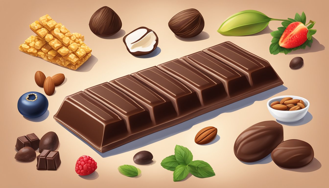 A chocolate protein bar surrounded by various nutrient-rich foods like nuts, fruits, and grains