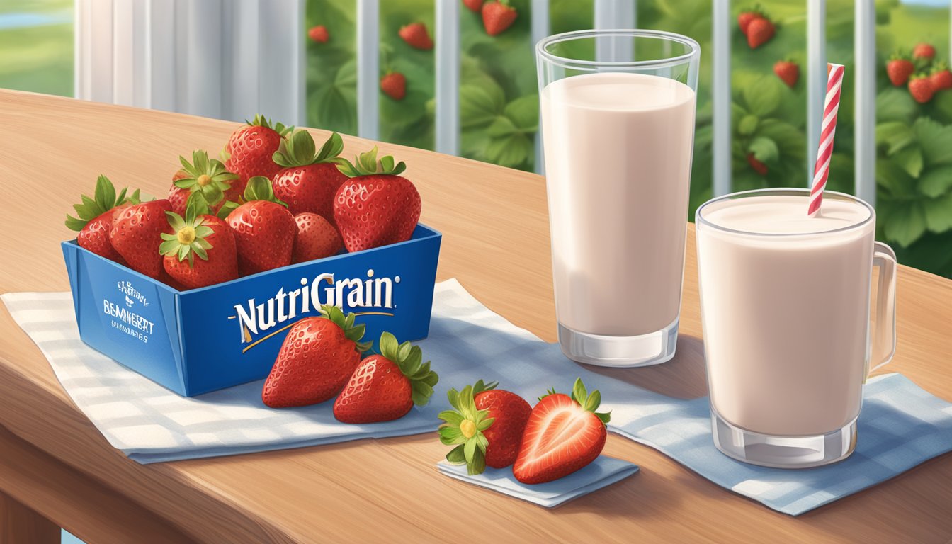 A table with a box of Nutri Grain Strawberry Harvest bars surrounded by fresh strawberries and a glass of milk