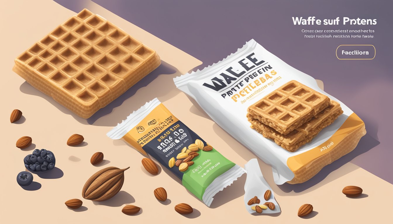 A stack of waffle protein bars surrounded by fruits and nuts with a nutritional facts label next to it