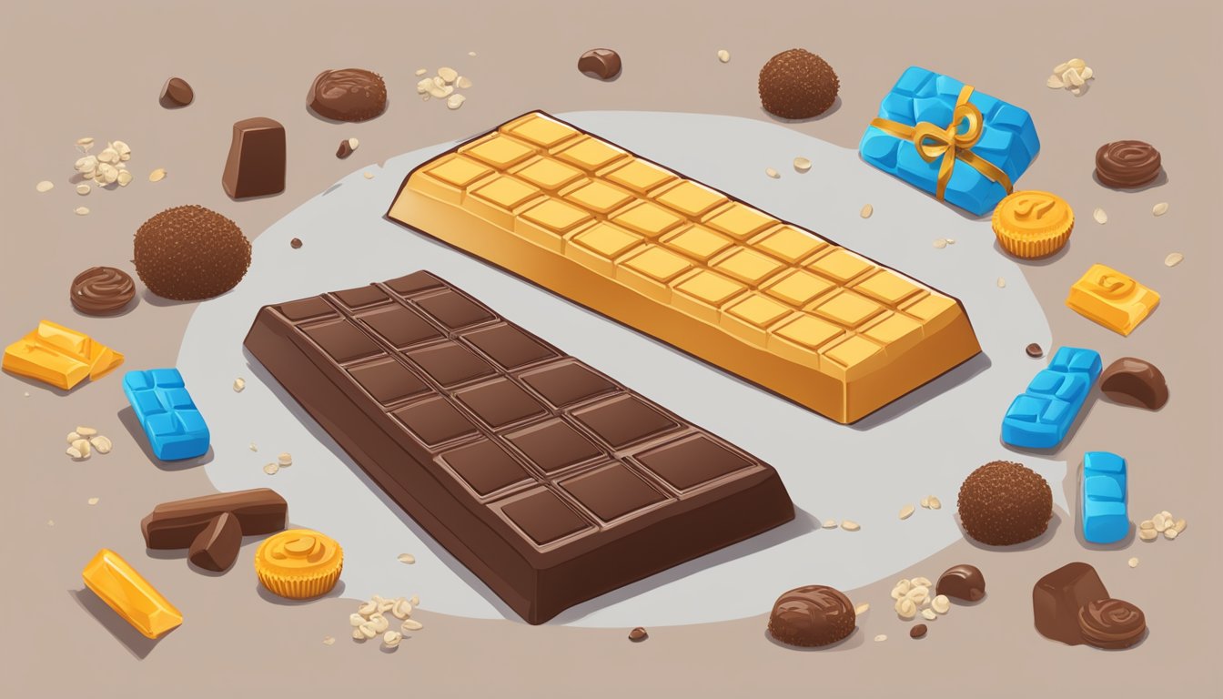 A chocolate protein bar surrounded by key macronutrient symbols (carbohydrates, proteins, and fats) with their respective percentages displayed