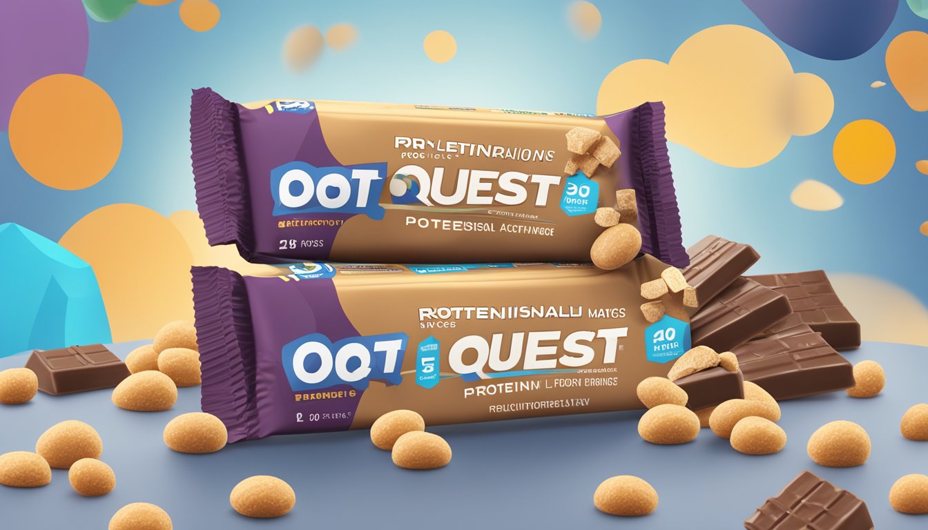 A stack of protein bars surrounded by scattered nutritional facts and a quest logo