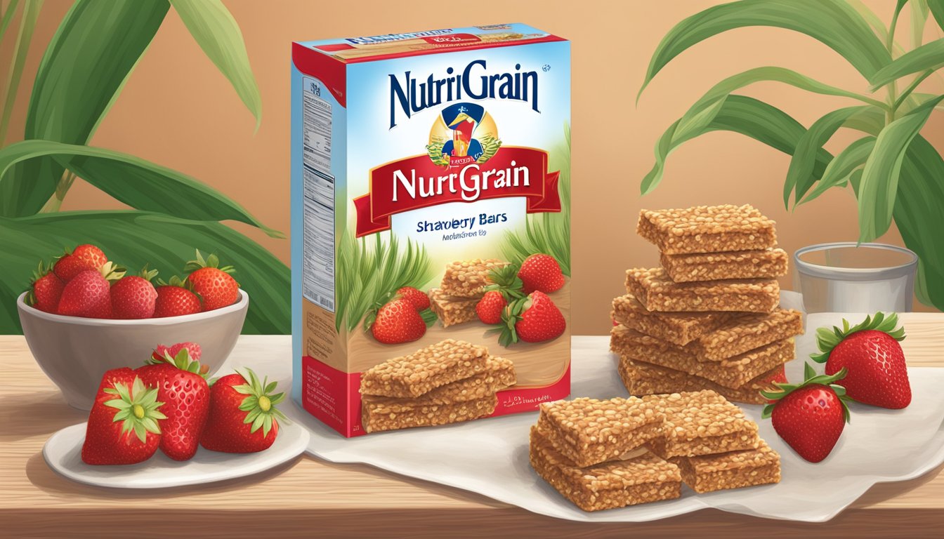 A table with a box of Nutri-Grain Strawberry Harvest bars, surrounded by fresh strawberries and wheat stalks