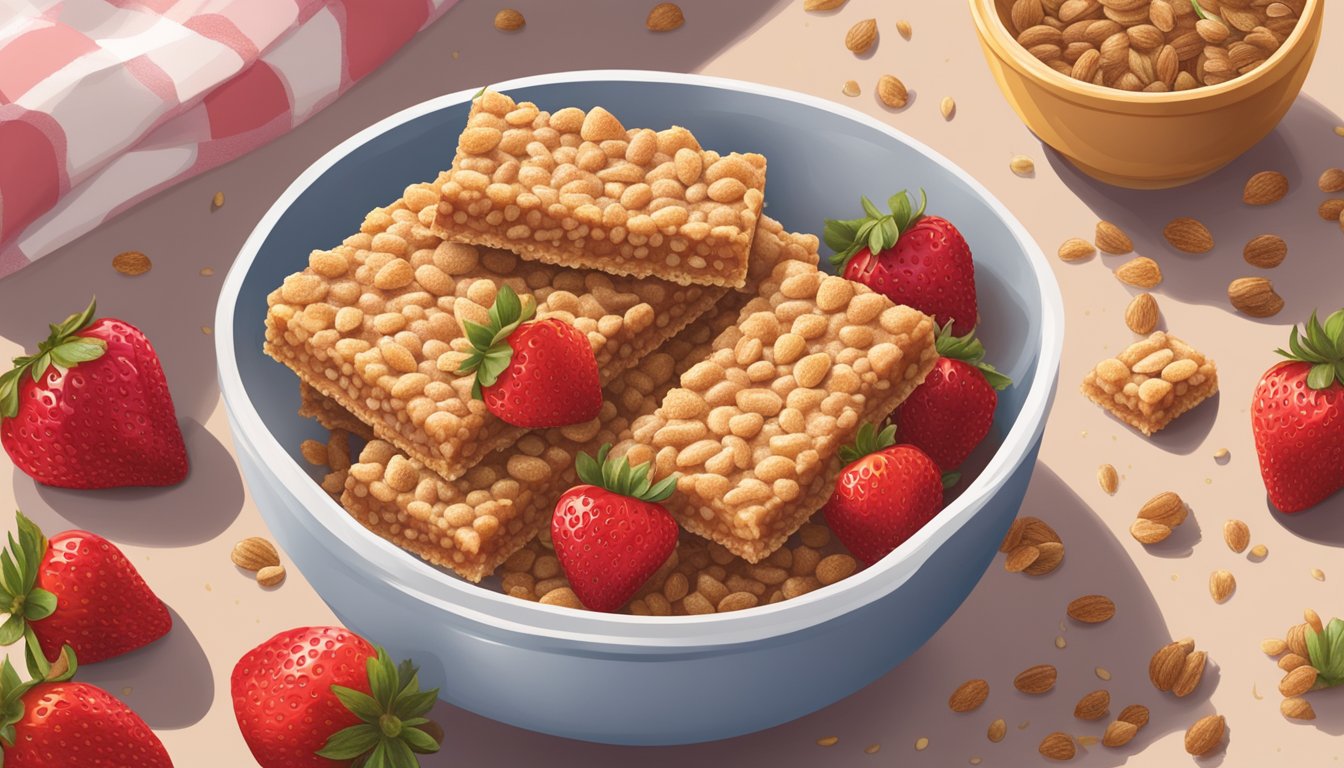 A bowl of Nutri-Grain Strawberry Harvest bars surrounded by fresh strawberries and grains