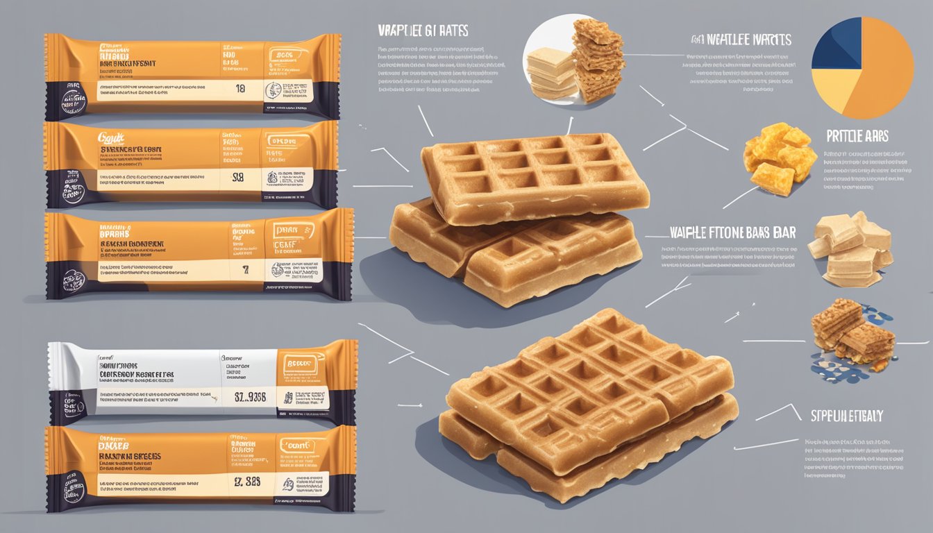 A stack of waffle protein bars surrounded by scattered nutritional facts and branding information