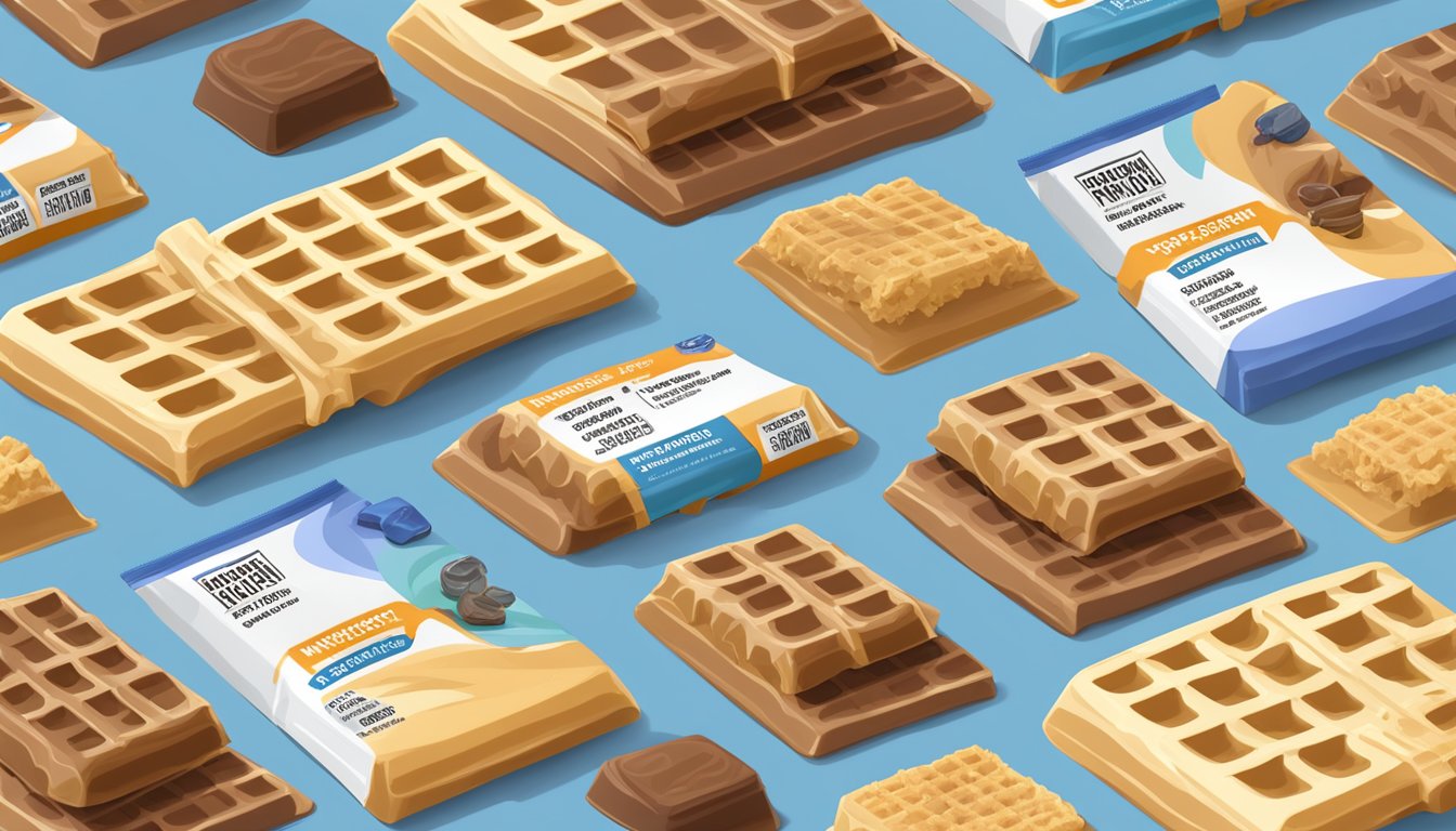 A stack of waffle protein bars surrounded by scattered nutritional facts labels