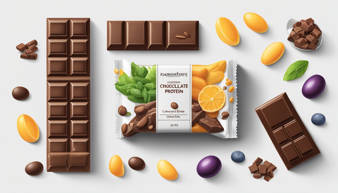 A variety of vitamins and minerals surround a chocolate protein bar, displayed on a clean, white background