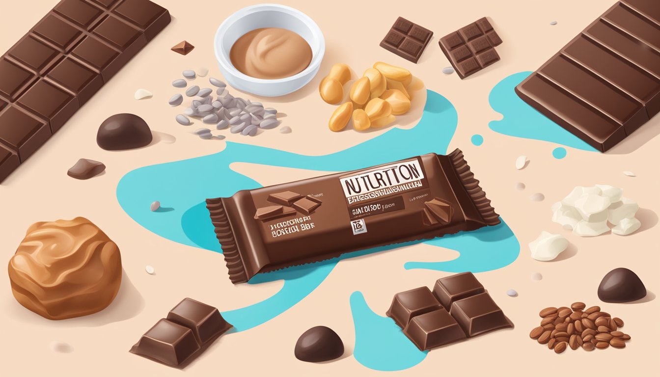 A chocolate protein bar surrounded by scattered ingredients and a nutrition label