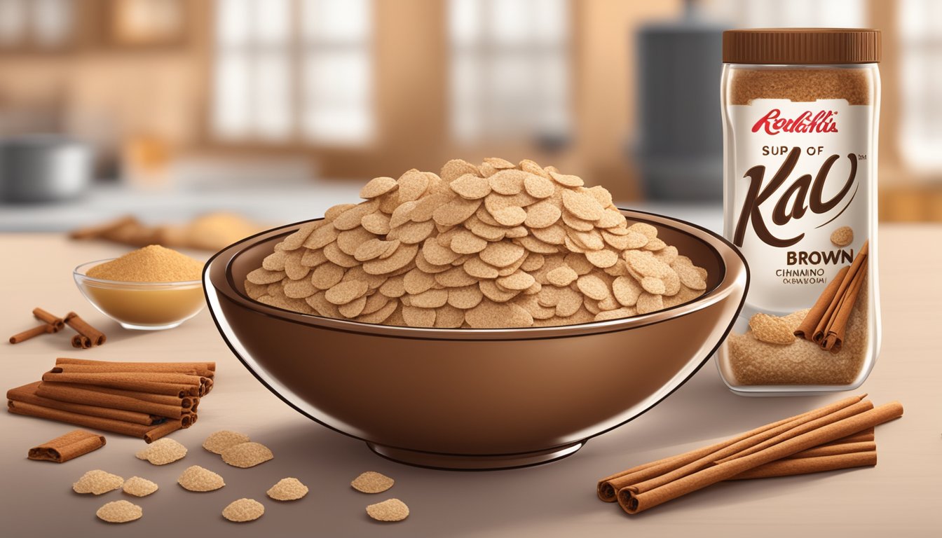 A bowl of Special K brown sugar cinnamon crisps surrounded by ingredients like oats, sugar, and cinnamon, with a nutrition label in the background