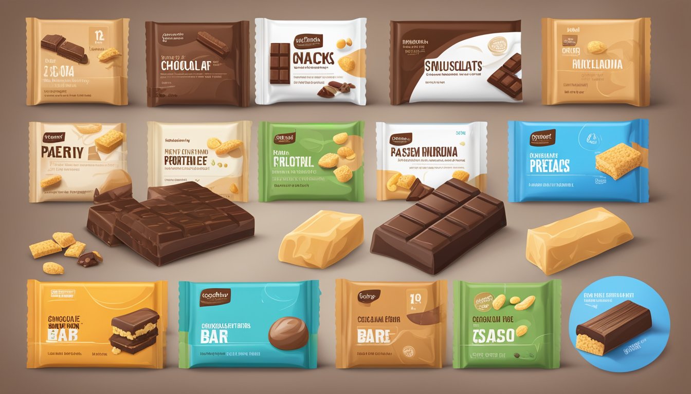 A chocolate protein bar stands next to a variety of other snack options, with their nutritional facts displayed prominently