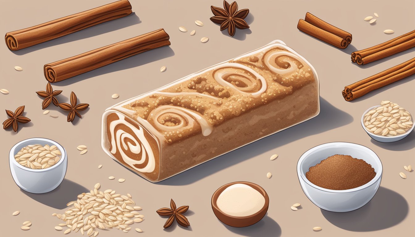 A cinnamon roll protein bar surrounded by scattered ingredients like oats, cinnamon sticks, and protein powder