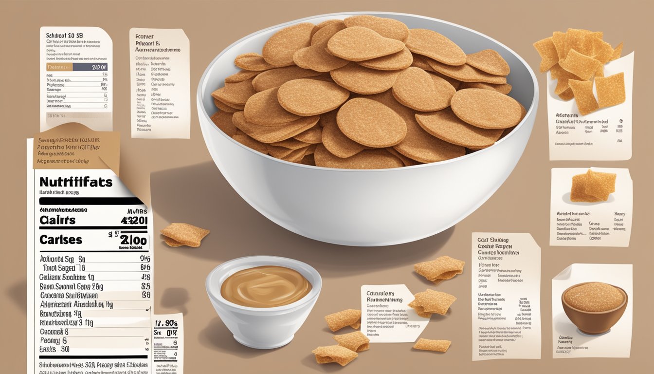 A bowl of Special K brown sugar cinnamon crisps surrounded by various allergen information labels and nutritional facts