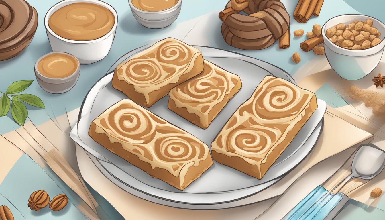 A table with a plate of cinnamon roll protein bars, surrounded by various allergen and dietary consideration symbols