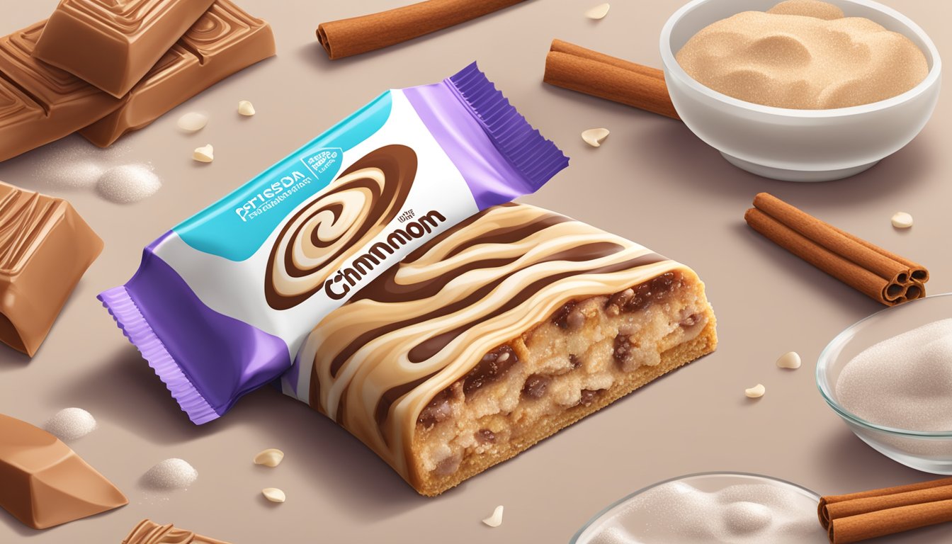 A cinnamon roll protein bar surrounded by scattered sweetener packets and flavorings