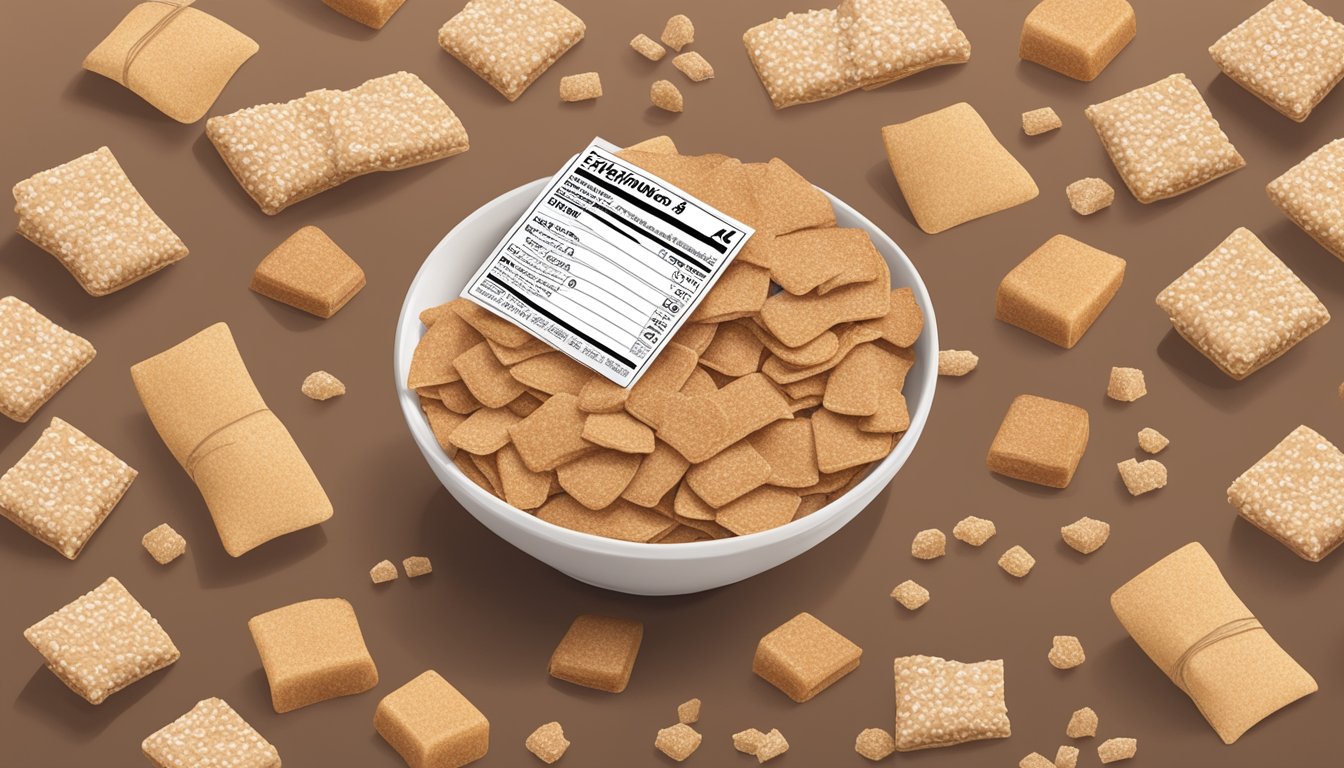 A bowl of Special K Brown Sugar Cinnamon Crisps surrounded by scattered nutritional facts and a packaging label