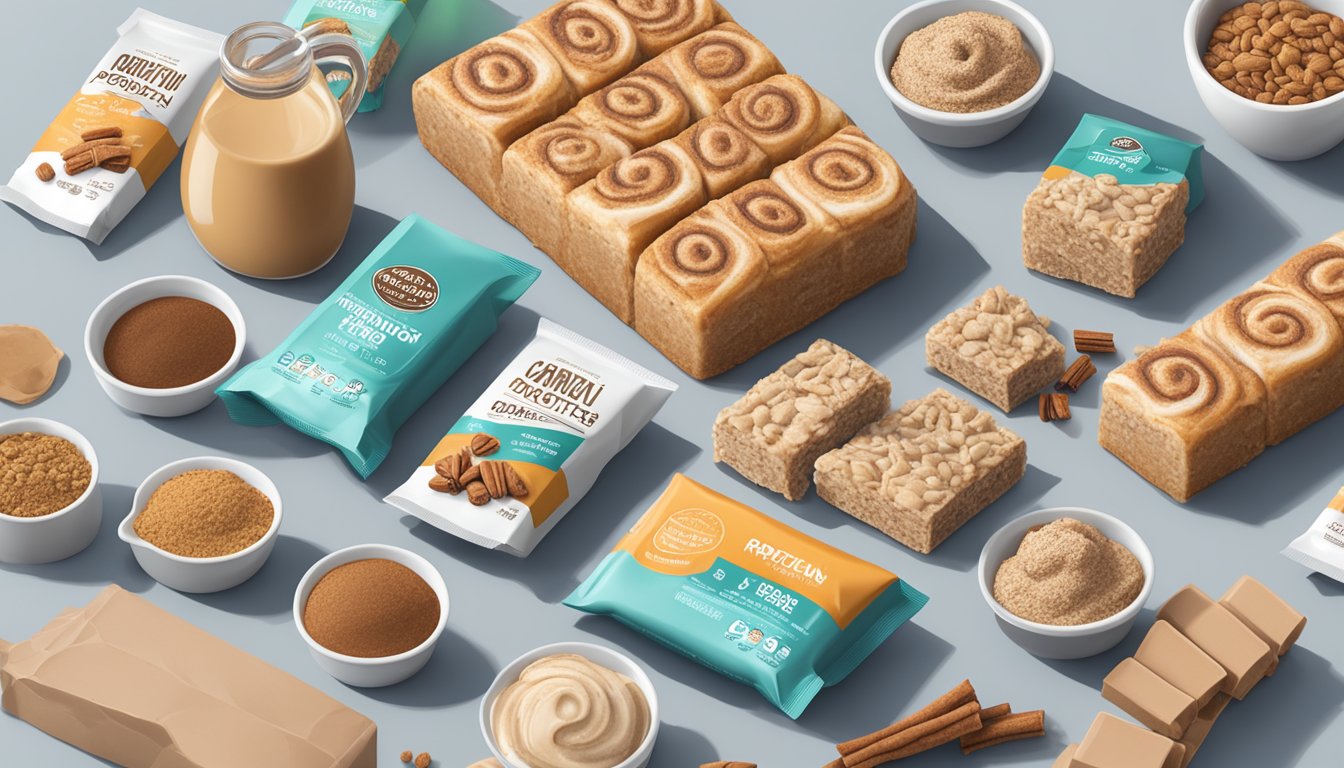 A table with cinnamon roll protein bars, surrounded by various additives and preservatives packaging