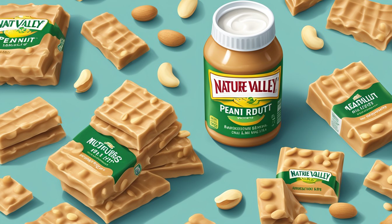 A stack of Nature Valley peanut butter squares surrounded by scattered peanuts and a measuring cup of milk