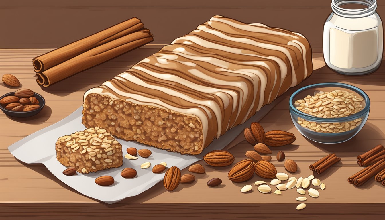 A cinnamon roll protein bar surrounded by scattered ingredients like oats, nuts, and cinnamon sticks on a wooden table