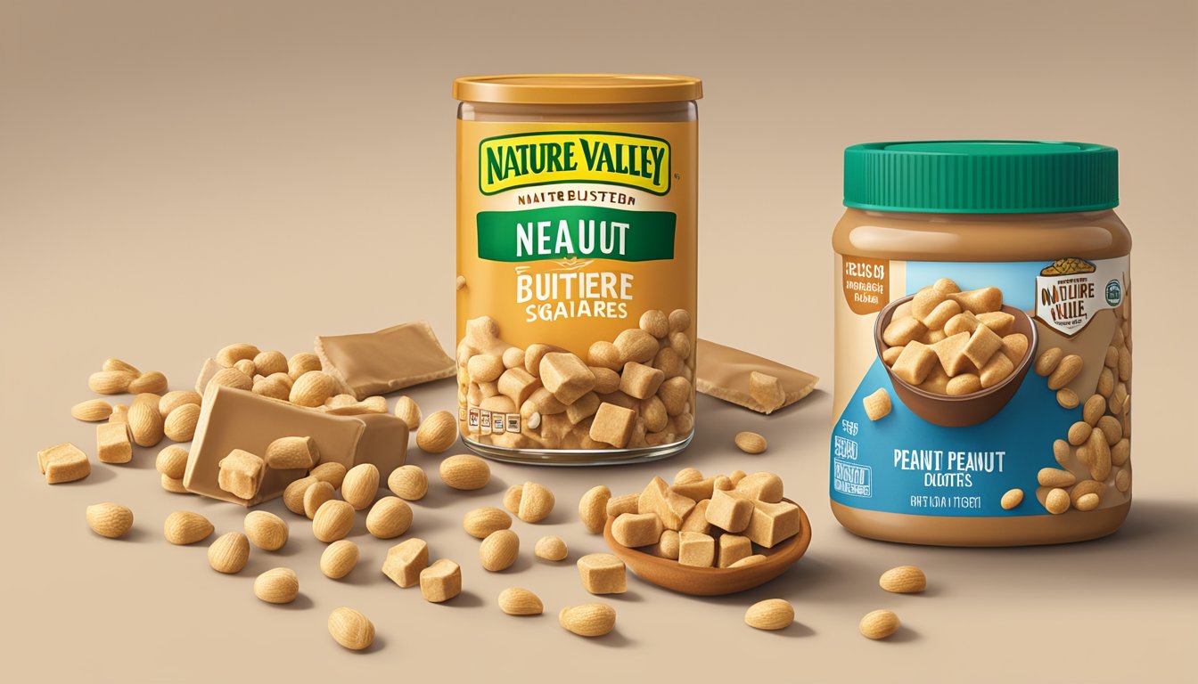 A table with a package of Nature Valley Peanut Butter Squares surrounded by scattered peanuts and a measuring cup filled with peanut butter