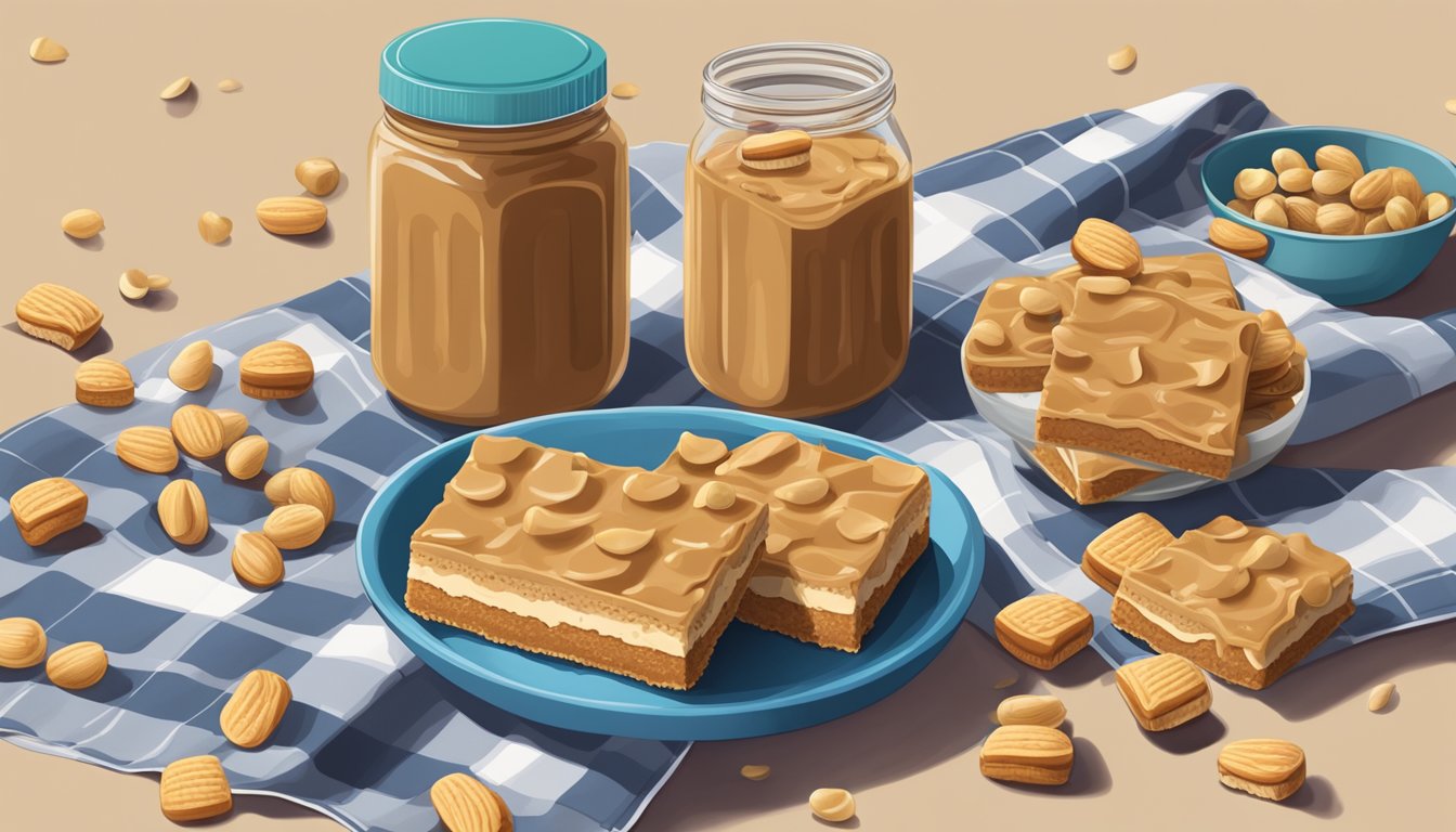 A picnic blanket with a bowl of peanut butter squares, surrounded by scattered nuts and a jar of peanut butter