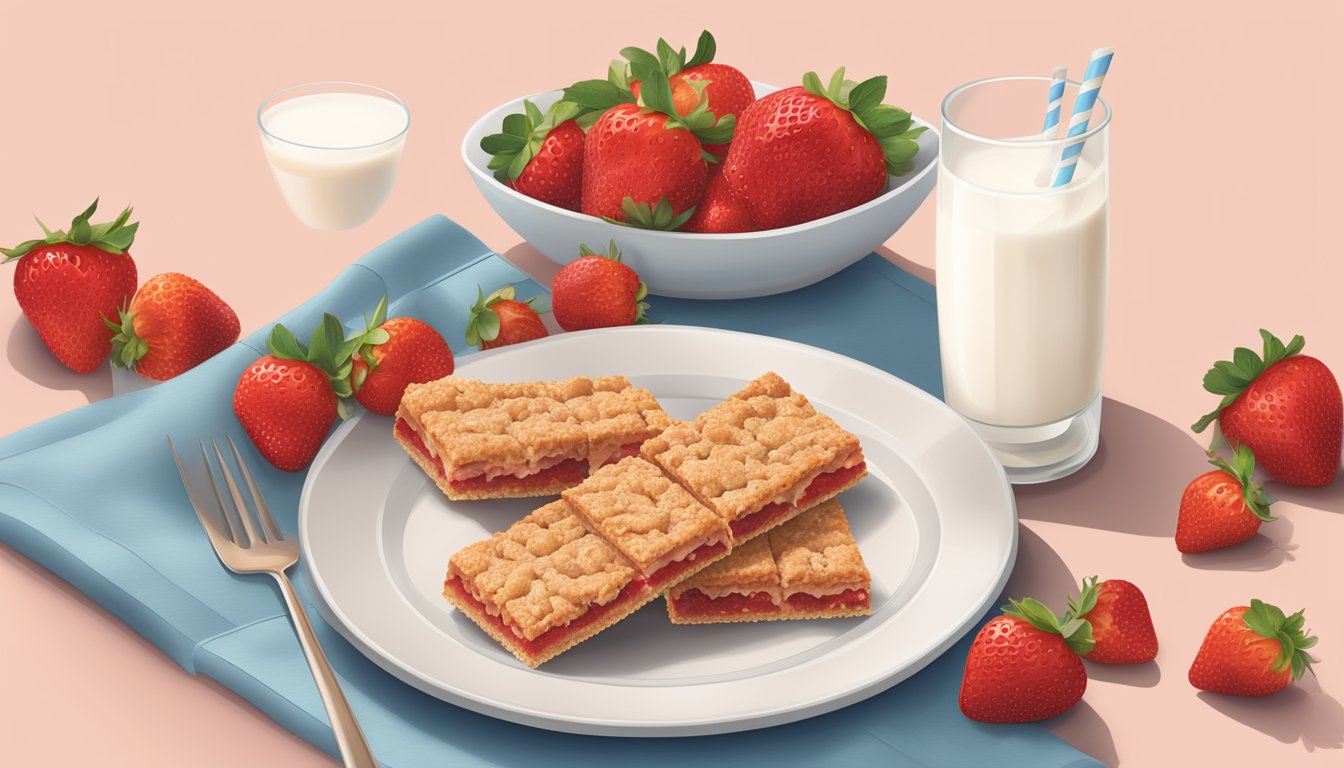 A table with a variety of Nutri-Grain strawberry bars, surrounded by scattered fresh strawberries and a glass of milk