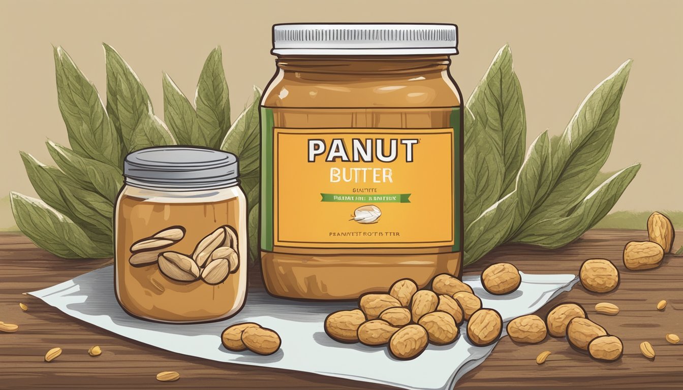 A nature scene with a peanut butter square surrounded by peanuts, oats, and a jar of peanut butter