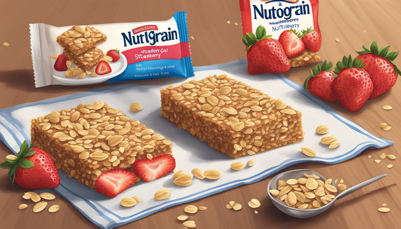 A table with Nutri-Grain strawberry bars, scattered oats, and a nutrition label