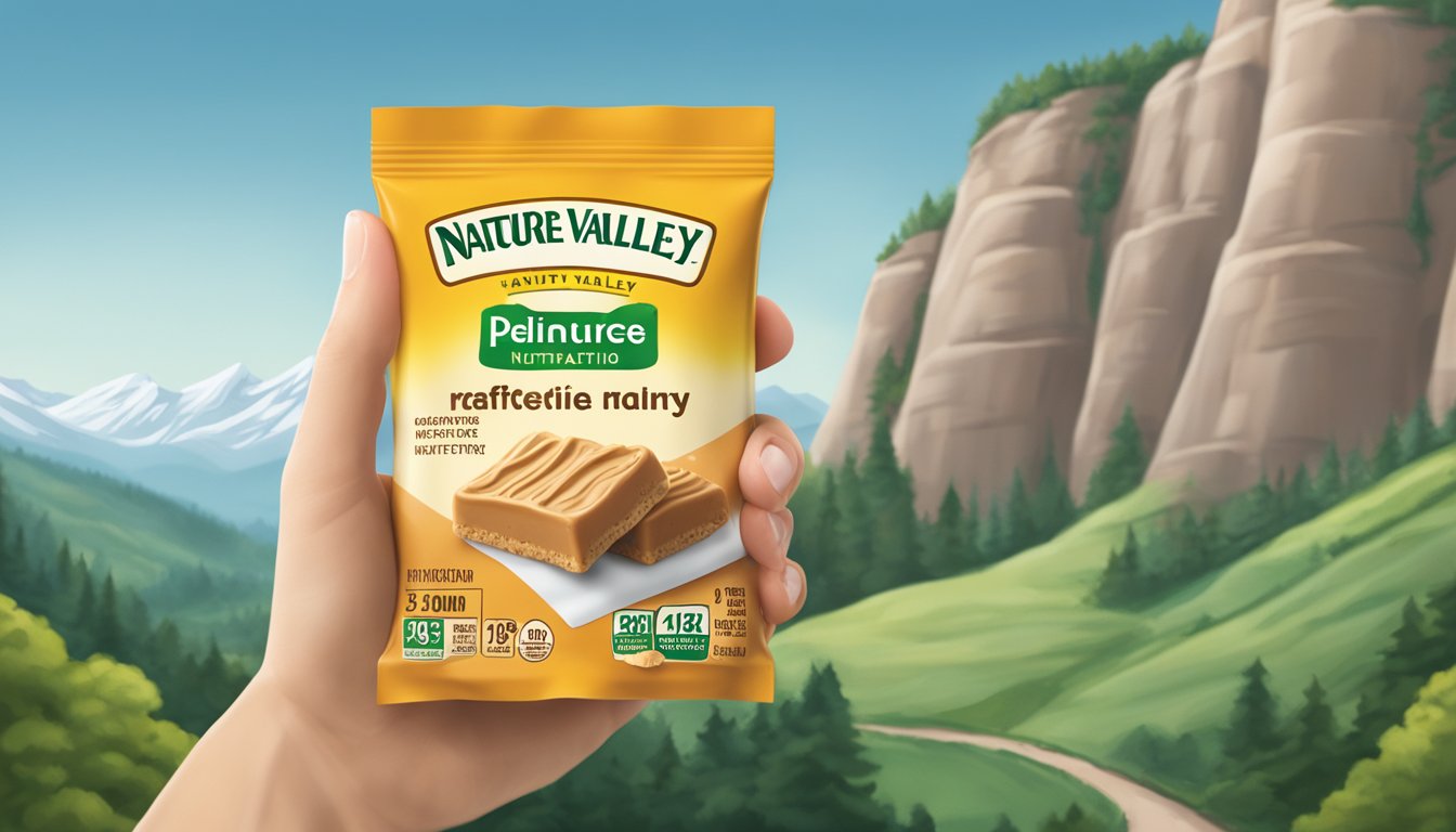 A hand holding a Nature Valley Peanut Butter Square with a backdrop of natural scenery and a clear view of the nutritional facts label