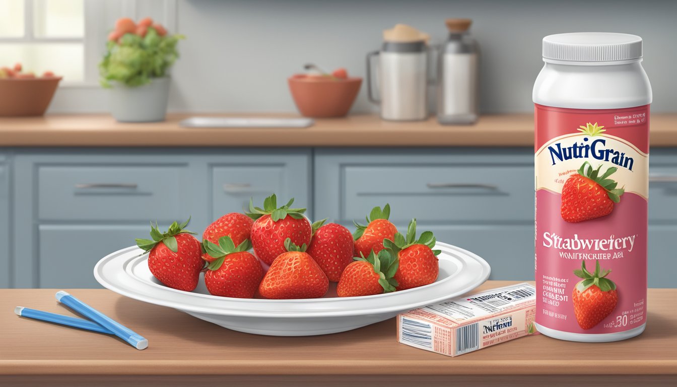 A table with a bowl of fresh strawberries, a package of Nutri-Grain strawberry bars, and a nutrition label