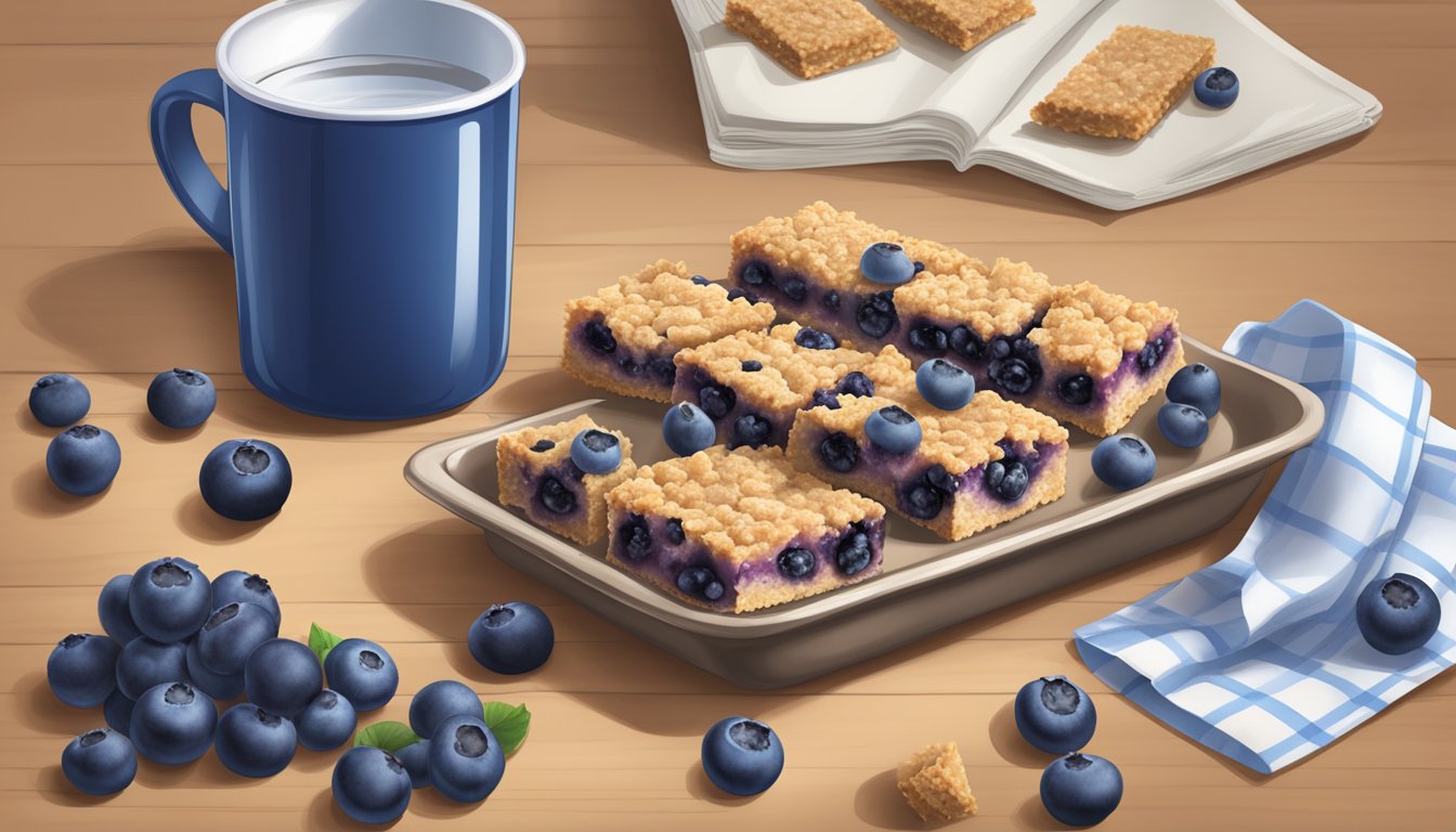 A table with scattered Nutri-Grain Blueberry bars, surrounded by measuring cups and a nutrition label