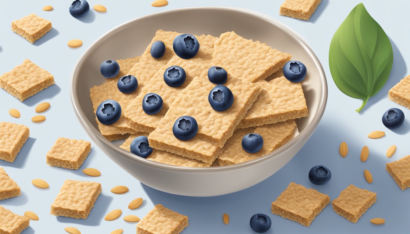 A bowl of Nature Valley Oatmeal Squares surrounded by scattered blueberries and oats