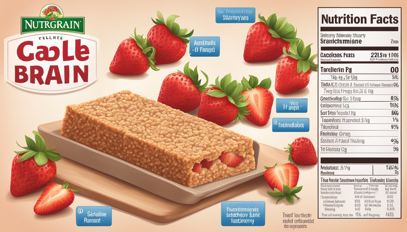 A table with Nutri Grain strawberry bars, surrounded by fresh strawberries and a nutritional facts label