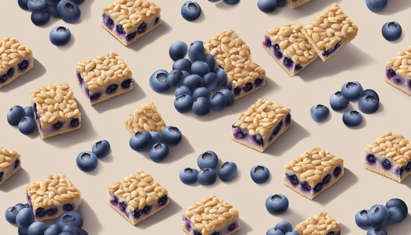 A table with a box of Nature Valley blueberry squares, surrounded by scattered blueberries and oats