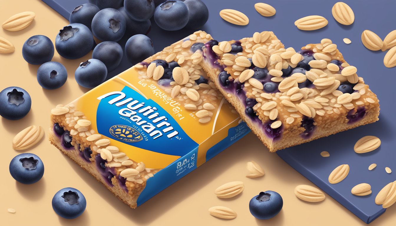 A table with two Nutri-Grain Blueberry bars next to a nutrition label, surrounded by scattered blueberries and oats