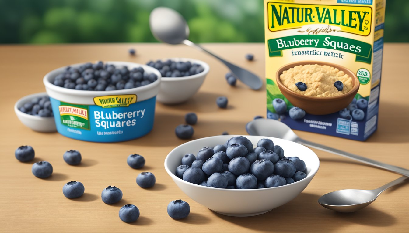 A bowl of Nature Valley blueberry squares surrounded by scattered blueberries and a measuring spoon with the nutritional facts displayed in the background