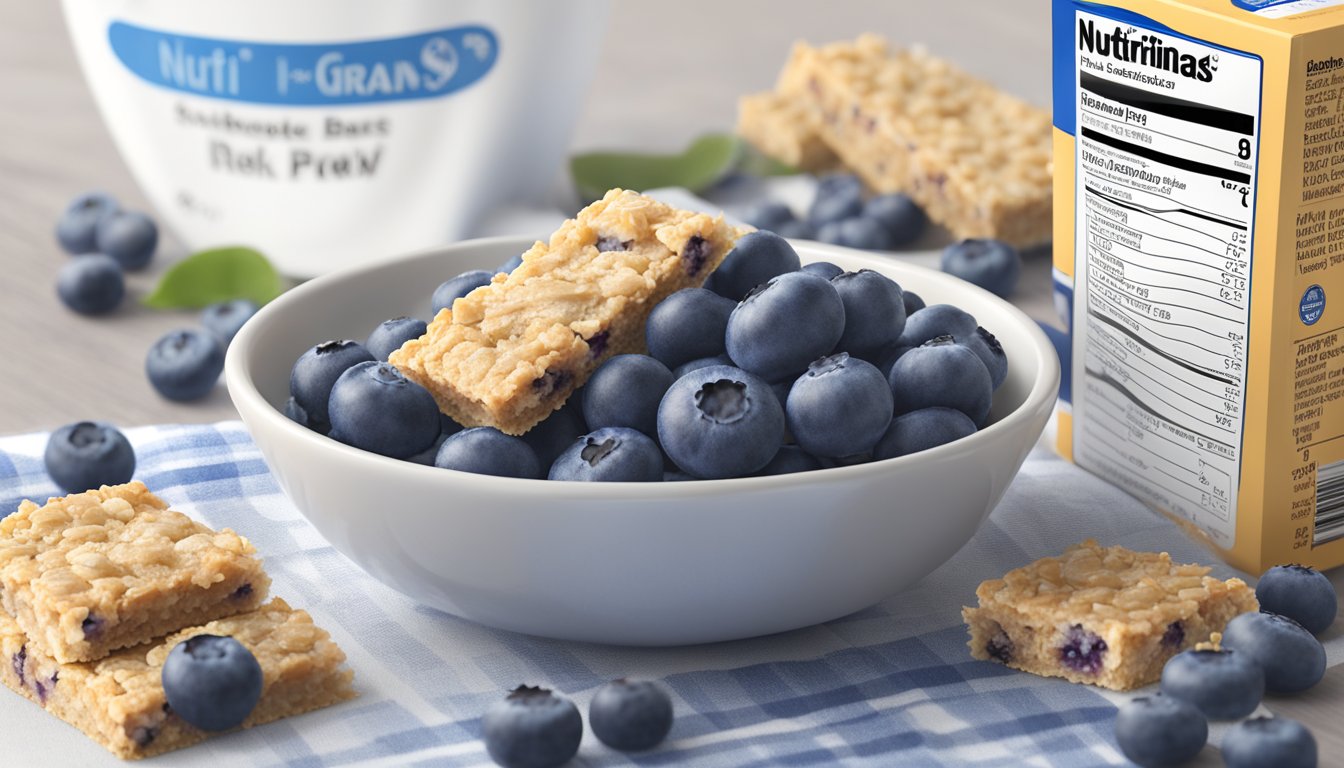 A table with scattered blueberry bars, a bowl of fresh blueberries, and a nutritional facts label from a Nutri Grain Blueberry Bars box